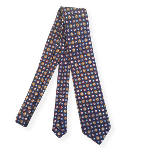 Cravatta blue navy a fantasia 3 pieghe di pura seta fatta a mano
