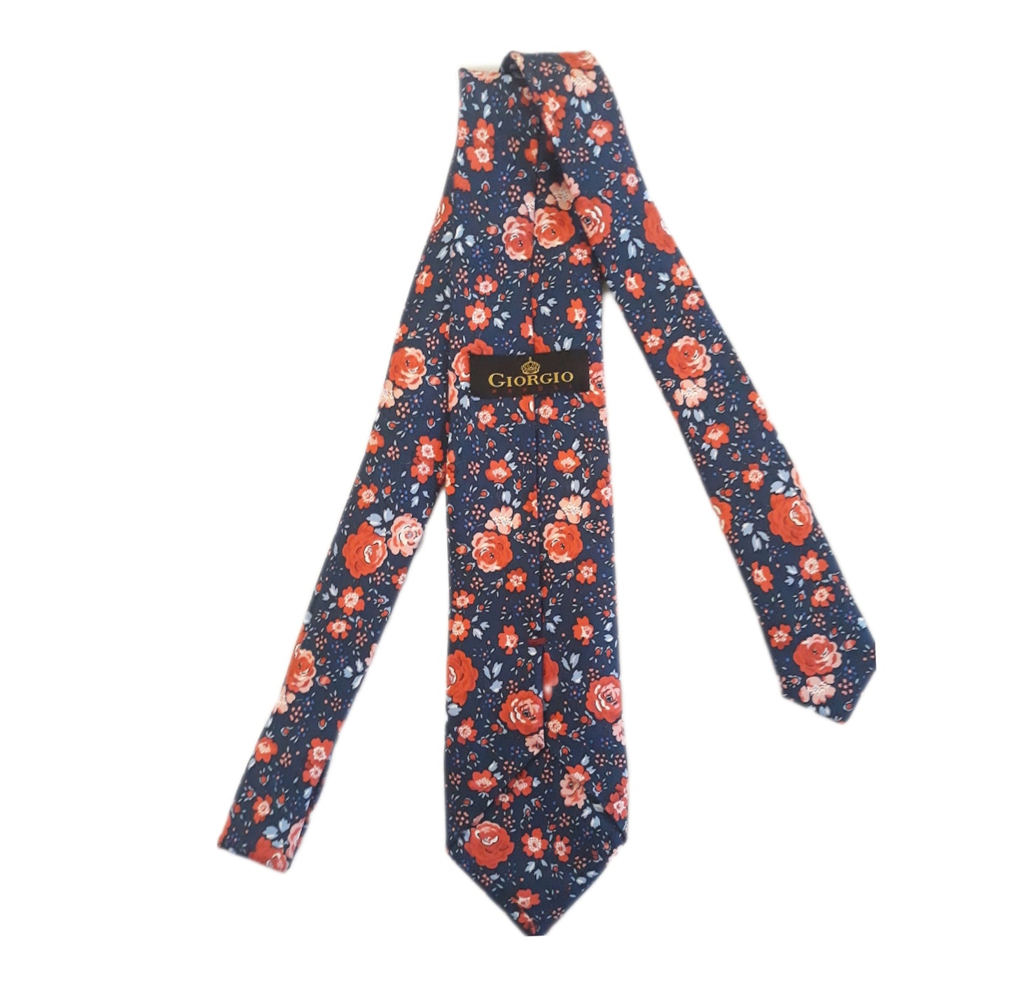 Cravatta blue con fantasia a fiori 3 pieghe di pura seta fatta a mano