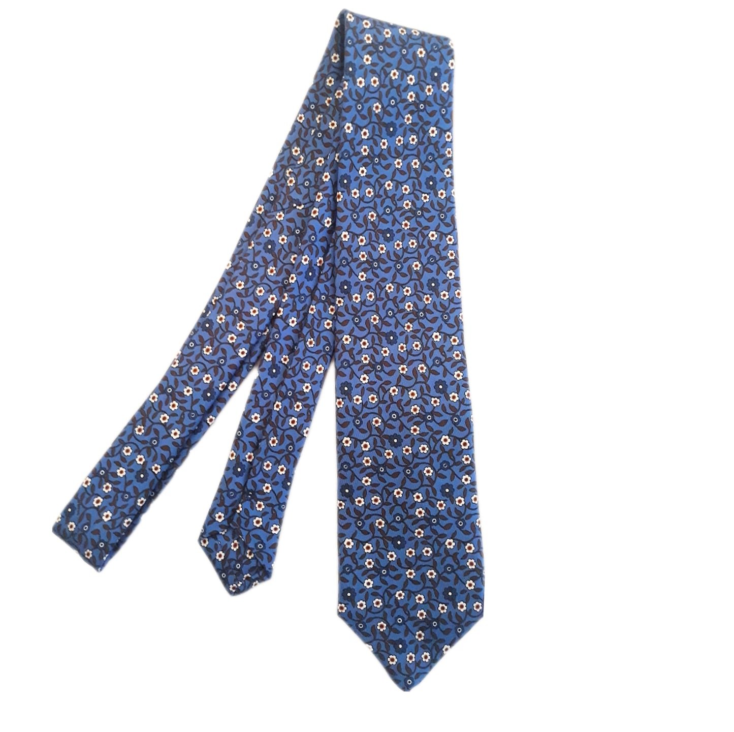 Cravatta blue a fantasia con i fiori 3 pieghe di pura seta fatta a mano