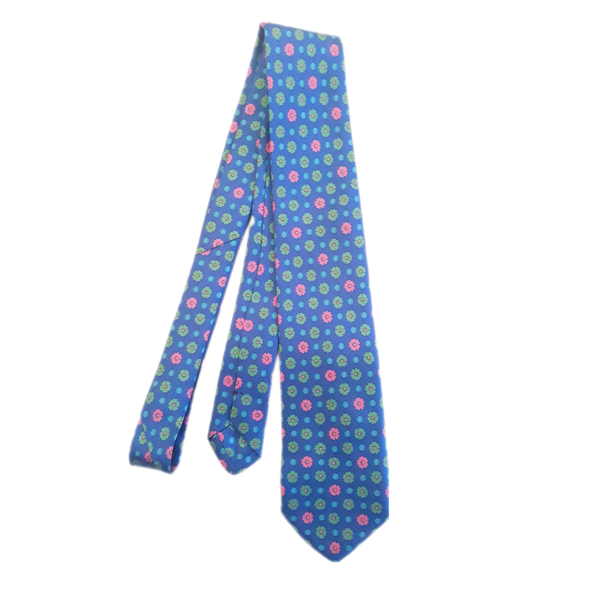 cravatta blue a fantasia con i fiori 3 pieghe di pura seta fatta a mano