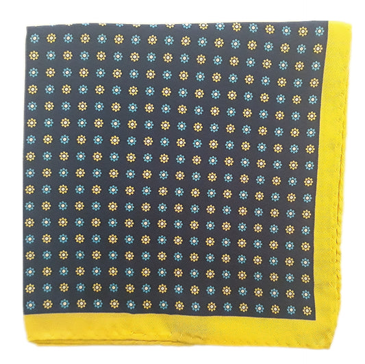 Pochette blu a fantasia con bordo giallo made in italy di pura seta